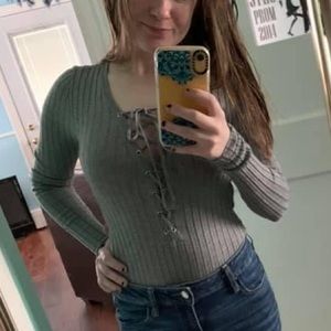 Used Small Forever 21 Gray Ribbed long sleeved body suit with tie style front